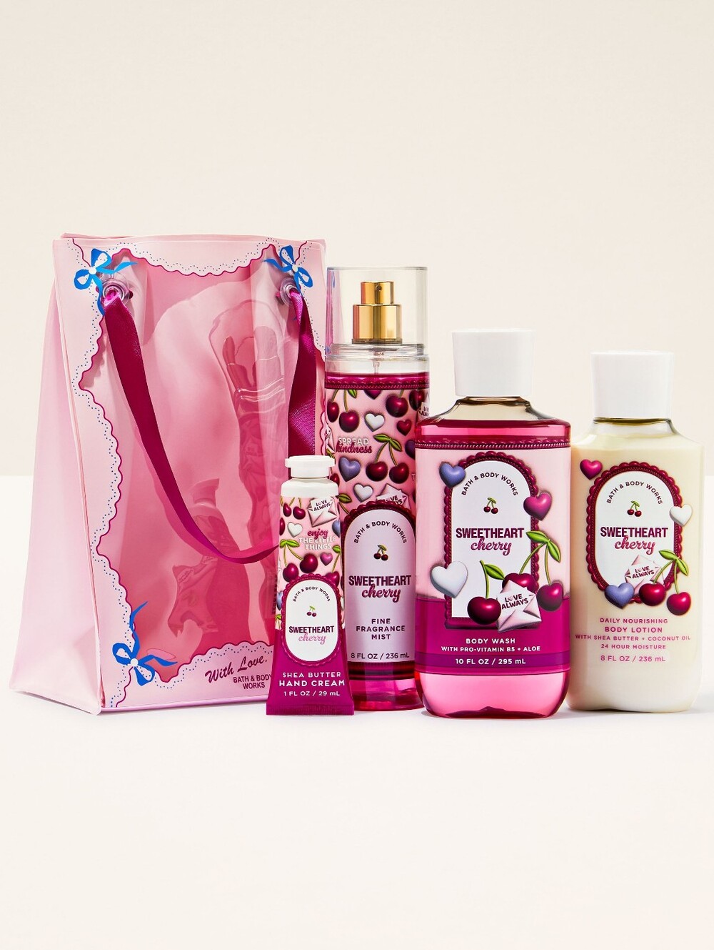 Bath & Body Works Sweetheart Cherry 5 Piece Body Care & Bag Gift Set NEW Rare - Picture 2 of 3